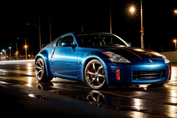350Z masterpiece,best quality,official art,extremely detailed CG unity 8k wallpaper,illustration, moving, wet, (((NIGHT))),neon lights,drift, <lora:350Z-000003:.8>