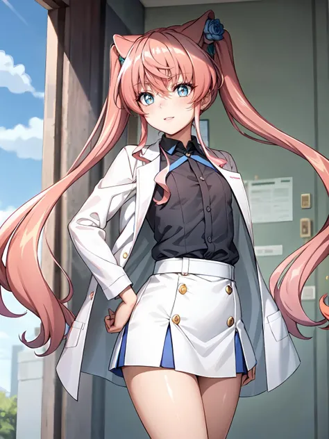 (extremely detailed CG), (best quality), 1girl, perfect face, shiny skin, lustrous skin, wide hips, narrow waist, , <lora:MariaAnother-10 (1):0.7> MariaAlter,blue flower,,very long hair,pink hair, long hair, blue yes, twintails,,hair ornament,flat chest, lab coat, GREY shirt, long sleeves, skirt, covered chest