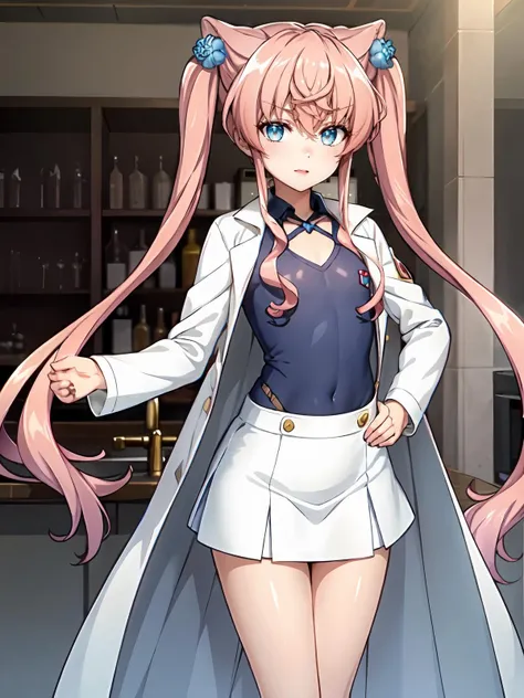 (extremely detailed CG), (best quality), 1girl, perfect face, shiny skin, lustrous skin, wide hips, narrow waist, , <lora:MariaAnother-10 (1):0.7> MariaAlter,blue flower,,very long hair,pink hair, long hair, blue yes, twintails,,hair ornament,flat chest, lab coat, GREY shirt, long sleeves, skirt, covered chest