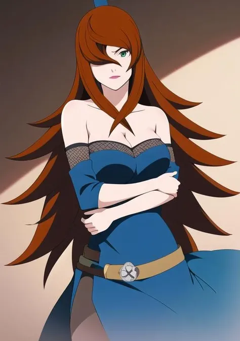 <lora:Mei:0.8>, mei_terumi, 1girl, solo, long hair, breasts, brown hair, dress, bare shoulders, green eyes, off shoulder, hair over one eye, parody, own hands together, lipstick, style parody, own hands clasped