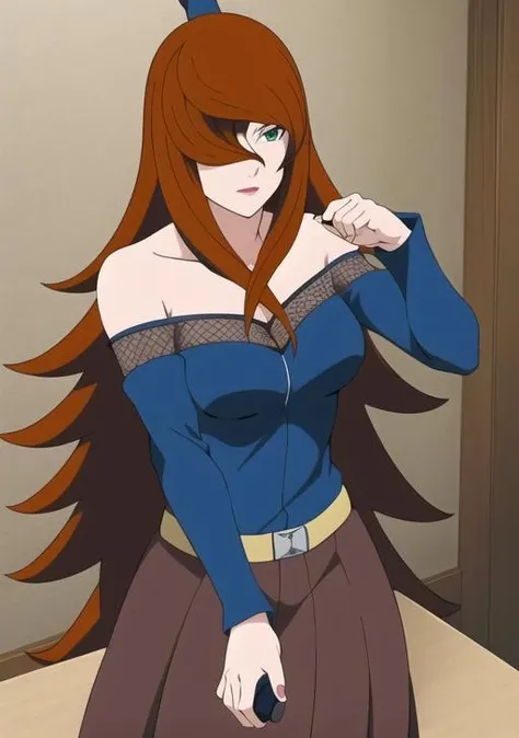<lora:Mei:0.8>, mei_terumi, 1girl, solo, long hair, breasts, brown hair, dress, bare shoulders, green eyes, off shoulder, hair over one eye, parody, own hands together, lipstick, style parody, own hands clasped