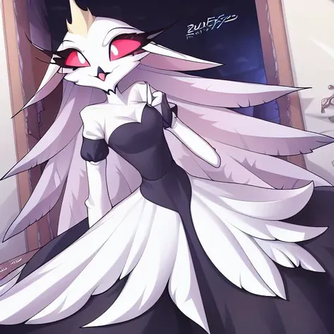 by zinfyu, <lora:TheGoetiaV4:1>, detailed background, stella \(helluva boss\), owl demon, white body, pink sclera, white eyes, tail feathers, stellagoetia, female, solo, absurd res, stelladress, dress, formal clothing, formal wear