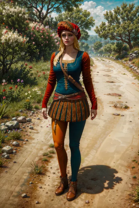 (masterpiece, top quality, best quality, official art, detailed:1.2), <lora:priscilla-20:0.7>, priscillaW3, 1girl, solo, long hair, blonde hair, long sleeves, red hat, green eyes, standing, full body, belt pouch, flower, brown footwear, outdoors, day, blue pants, tree, shadow, rose, grass, plant, pink flower, realistic, road, pink rose