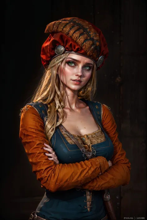 (masterpiece, top quality, best quality, official art, detailed:1.2),  <lora:priscilla:0.7>, priscillaW3, 1girl, solo, long hair, looking at viewer, blonde hair, long sleeves, hat, jewelry, green eyes, parted lips, crossed arms, cross, realistic, overalls