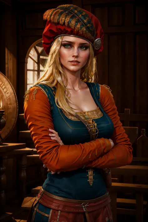 (masterpiece, top quality, best quality, official art, detailed:1.2), <lora:priscilla-20:0.7>, priscillaW3, 1girl, solo, long hair, looking at viewer, blonde hair, blue shirt, long sleeves, green eyes, upper body, red hat, crossed arms, realistic