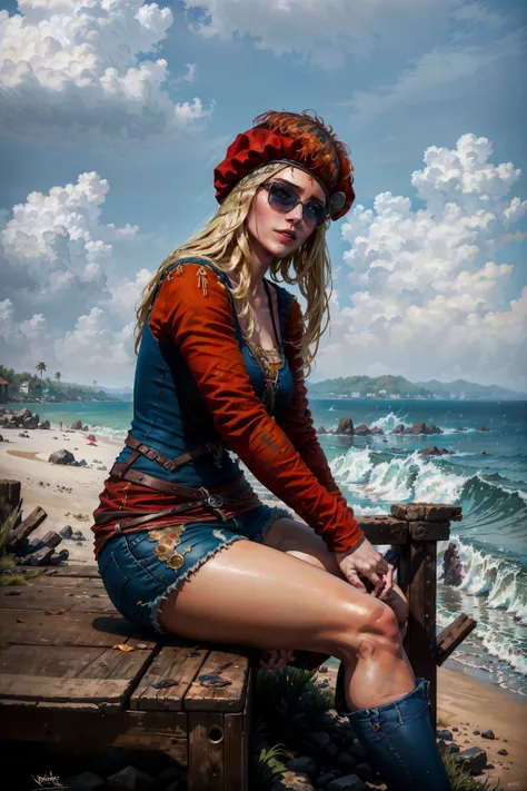 (masterpiece, top quality, best quality, official art, detailed:1.2), <lora:priscilla-20:0.7>, priscillaW3, sitting, looking away, sunglasses, ( denim shorts:1.3), beach, seascape, upper body, from side