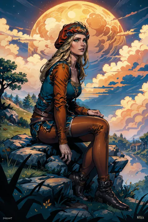 (masterpiece, top quality, best quality, official art, detailed:1.2), <lora:priscilla-20:0.7>,priscillaW3, green eyes, sitting, tree, sky, night, cloud, moon, scenery, from side