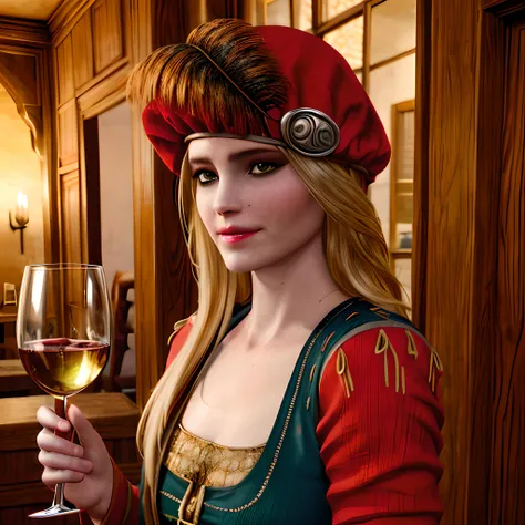 1girl, priscillaW3, blonde hair, green eyes, holding a wine glass, small smile, looking at viwer, <lora:priscilla:0.7>,  <lora:add_detail:0.6>