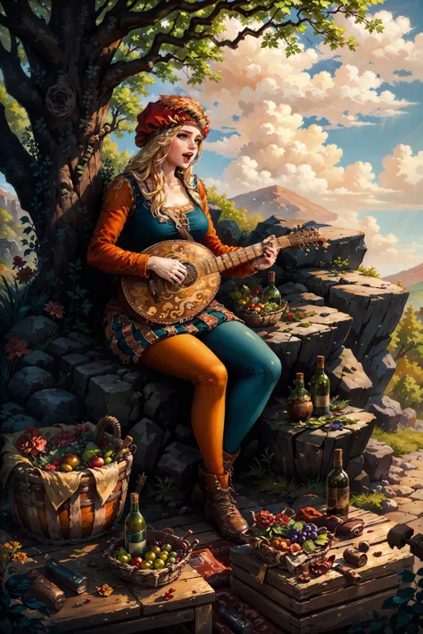 (masterpiece, top quality, best quality, official art, detailed:1.2), <lora:priscilla-20:0.7>, priscillaW3, 1girl, solo, long hair, open mouth, blonde hair, red hat, sitting, flower, blue pants, brown footwear, outdoors, food, sky, day, cloud, tree, cup, fruit, rose, leaf, bottle, grass, red flower, instrument, nature, alcohol, rock, mountain, music, apple, basket, mushroom, bread, wine, grapes, wine bottle, tree stump, lute (instrument)