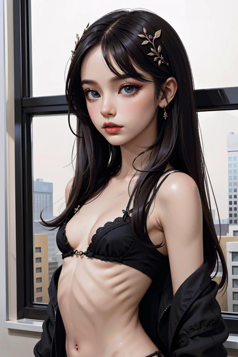 1girl, mature female, solo, (dark skin, skinny:1.2), (small breasts:1.2), (straight hair, medium hair, dark hair:1.2), (light eyes, eyeliner, eyeshadow, eyelashes, natural makeup, hair ornament)