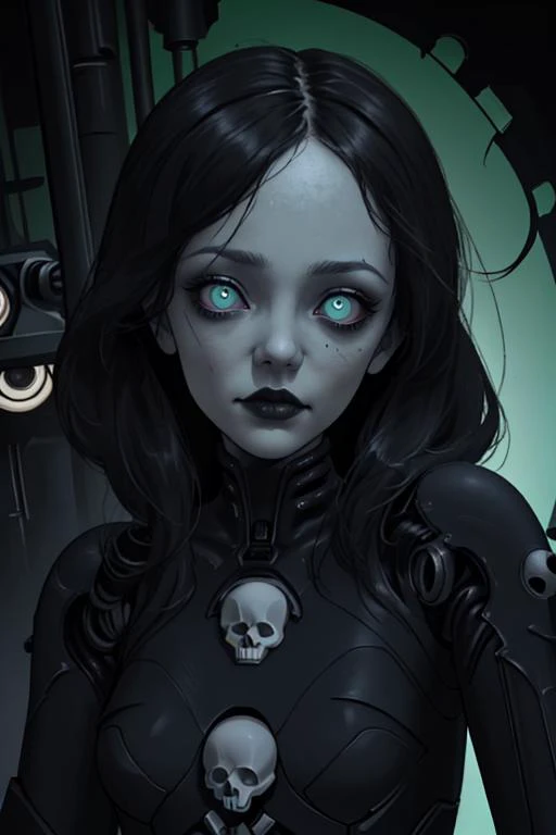 best quality,masterpiece,1 girl, adult woman, jade eyes, gray layered hair, ombre, solo, half shot, detailed background, detailed face, (<lora:GothicPunkAI:0.5>, gothicpunkai, gothic theme:1.1), space engineer, focused, techwear, , exosuit, glowing equipment, diagnostics, , flux core, droid in background, LED lights, cinematic atmosphere, ,