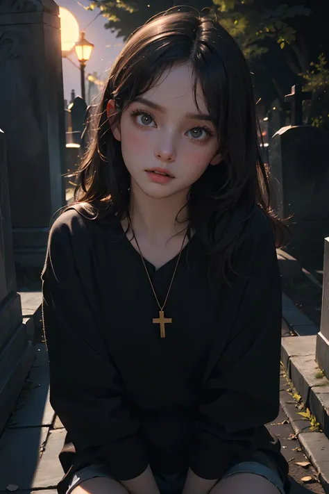 ( detailed realistic background:1), ( official art, beautiful and aesthetic:1 ), realistic lighting, cinematic lighting, hyperrealism, Poor lighting, sharp, artistic photoshoot, ( cute, petite ), slender, pale cheeks, square face shape with angular jaw, natural "no-makeup" makeup,  ((A girl in the night at the cemetery, looking terrified)), night, [dark],