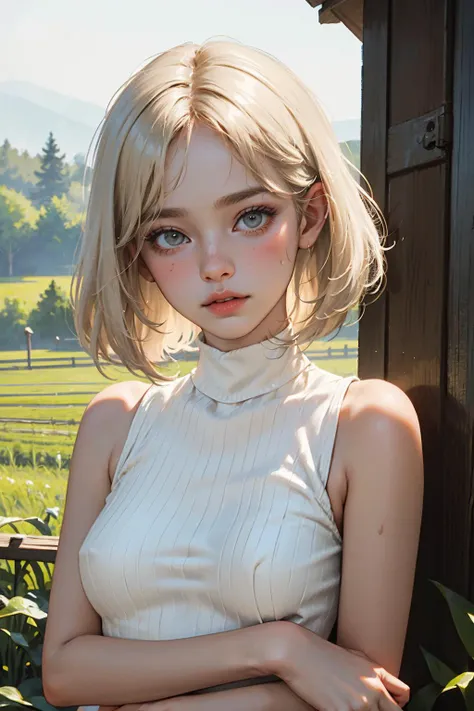 ( detailed realistic background:1),
( official art, beautiful and aesthetic:1 ),
realistic lighting,
cinematic lighting,
hyperrealism,
soothing tones,
muted colors,
high contrast,
soft light,
sharp,
artistic photoshoot,
( cute, petite),
slender,
european,
pale cheeks,
square face shape with angular jaw,
natural "no-makeup" makeup,
big breasts,
wearing Wearing a Sleeveless Tunic , Wearing a Pillbox Hat and striped stockings , Upper Body  ,
Bare shoulders, Bare neck, platinum blonde hair, grey eyes, full lips, ,
On a 1950s Country Farm: Red barn, haystacks, green pastures, ploughed fields,