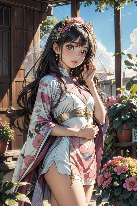 1girl, detailed Airbrush painting, Pink foliage with Pots with plants, elegant, soft focus of a Lebanese ([Dwarf Planet Eris|Ionosphere]:1.3) , it is very Wispy and Holy, it is in a Sci-Fi setting, it is engraved with Baroque and Vibrant patterns, stylized, from inside of a [Candid|Ethereal] Salamanca, at Dusk, Panorama, [ (designed by Sakimichan:1.2) | (Coby Whitmore:1.0) | (Mike Ploog:1.3) ], Ultra Real, Zen, Libertywave, natural lighting, 80mm, Muted Colors, Gray flakes, overlapping compositions, Concept Art World, Flickr