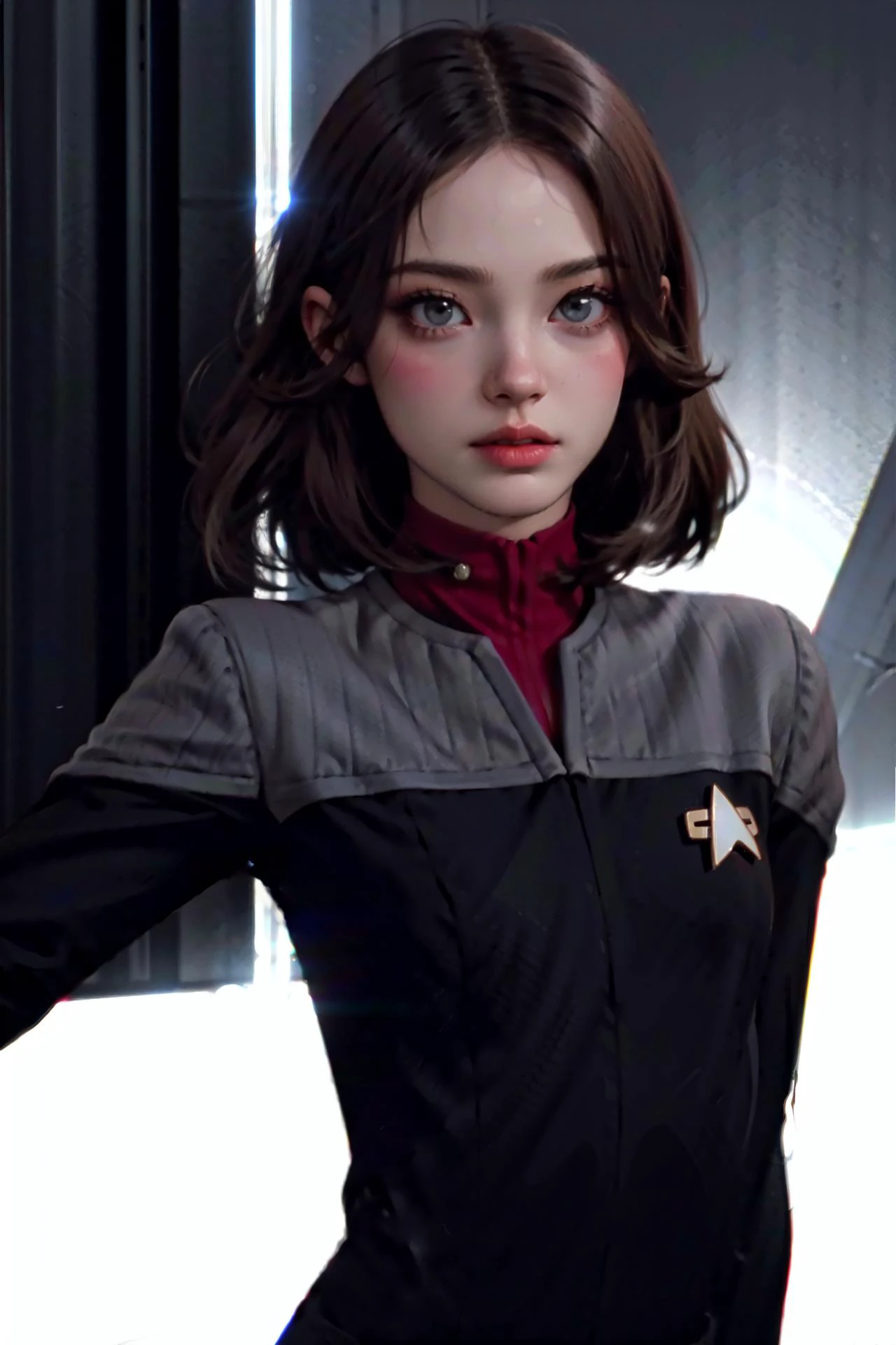 (ds9st command:1.2) clothes,1girl, solo, (skinny:1.2), (small breasts:1.2), (straight hair, medium hair, dark brown hair:1.2), (light eyes, eyeliner, eyeshadow, eyelashes, natural makeup) <lora:Ds9Divi:0.8>