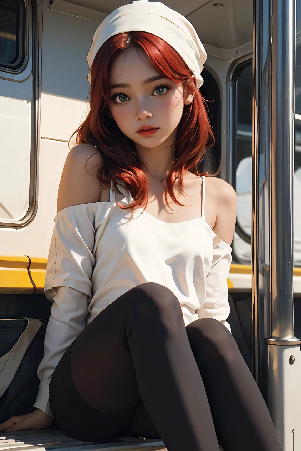( detailed realistic background:1), ( official art, beautiful and aesthetic:1 ), realistic lighting, cinematic lighting, hyperrealism, soothing tones, muted colors, high contrast, soft light, sharp, artistic photoshoot, ( cute, petite ), slender, pale cheeks, square face shape with angular jaw, natural "no-makeup" makeup, small breasts, red hair , wearing Wearing a Blouse with Ruching , Wearing a Turban or Headscarf and mock seam stockings , Bare shoulders, Bare neck, At a 1950s School Bus Stop: Yellow bus, lunch boxes, mothers,