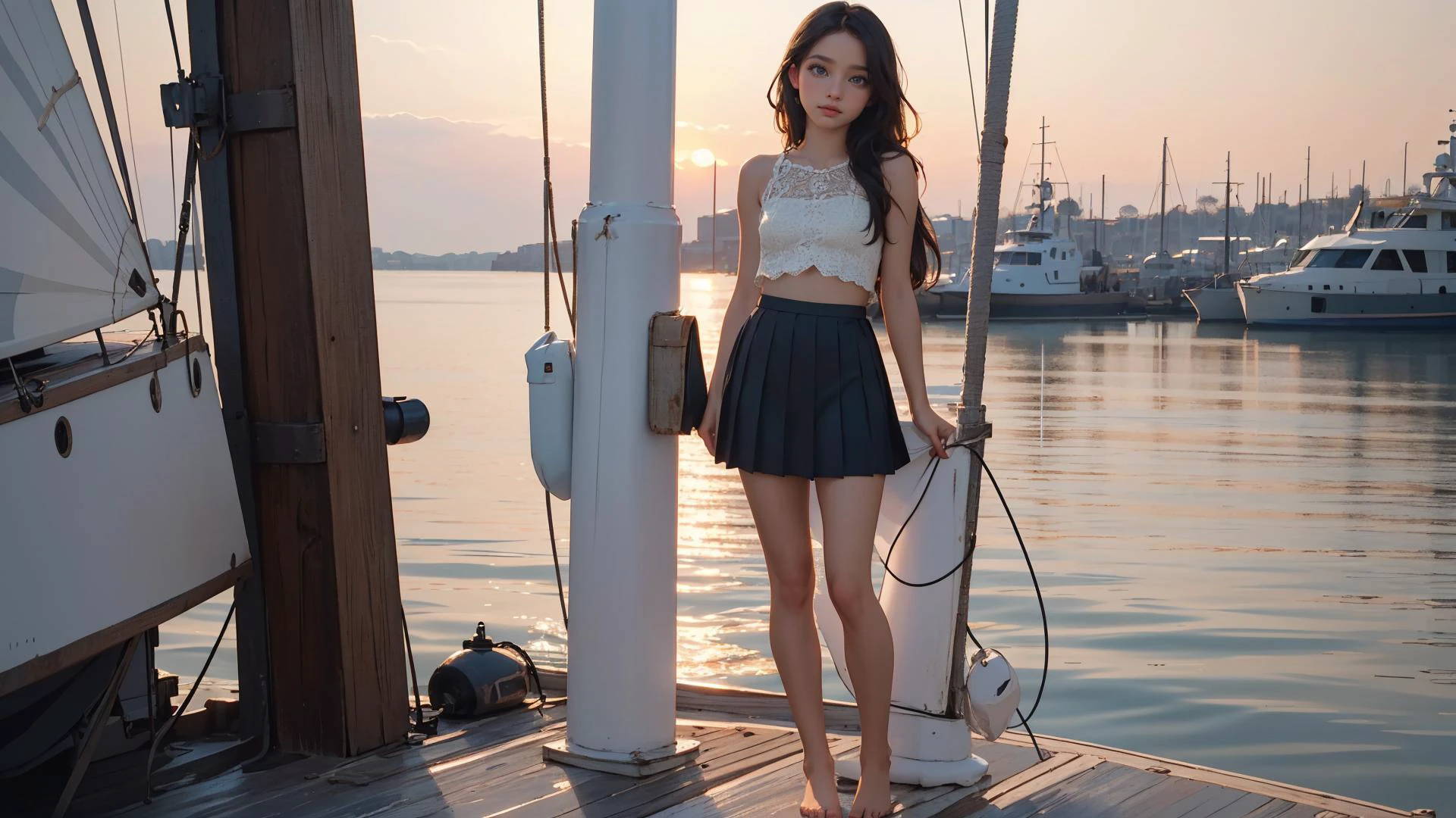 (ultra realistic,32k, masterpiece:1.2),(high detailed skin:1.1),( high quality:1.1),
intricate detail,
(detailed realistic background:1.3),
realistic lighting,
[cinematic lighting|sunset lighting],
hyperrealism,
soothing tones,
muted colors,
high contrast,
soft light,
sharp,
artistic photoshoot,
1girl, (cute, petite:1.2), wearing lace-up top in lace, bare shoulders, low cut, a mini pleated skirt and bare feet, standing on the deck of a sailboat,  <lora:lora_perfecteyes_v1_from_v1_160:0.8> photo of perfecteyes eyes, perfecteyes eyes