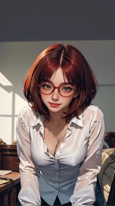 masterpiece, best quality, 1girl, cute, bob cut, red hair, round eyewear, freckles, large breasts, unbuttoned shirt, cleavage, seductive smile, blush, horny, seductive look, (biting own lip:1.3),