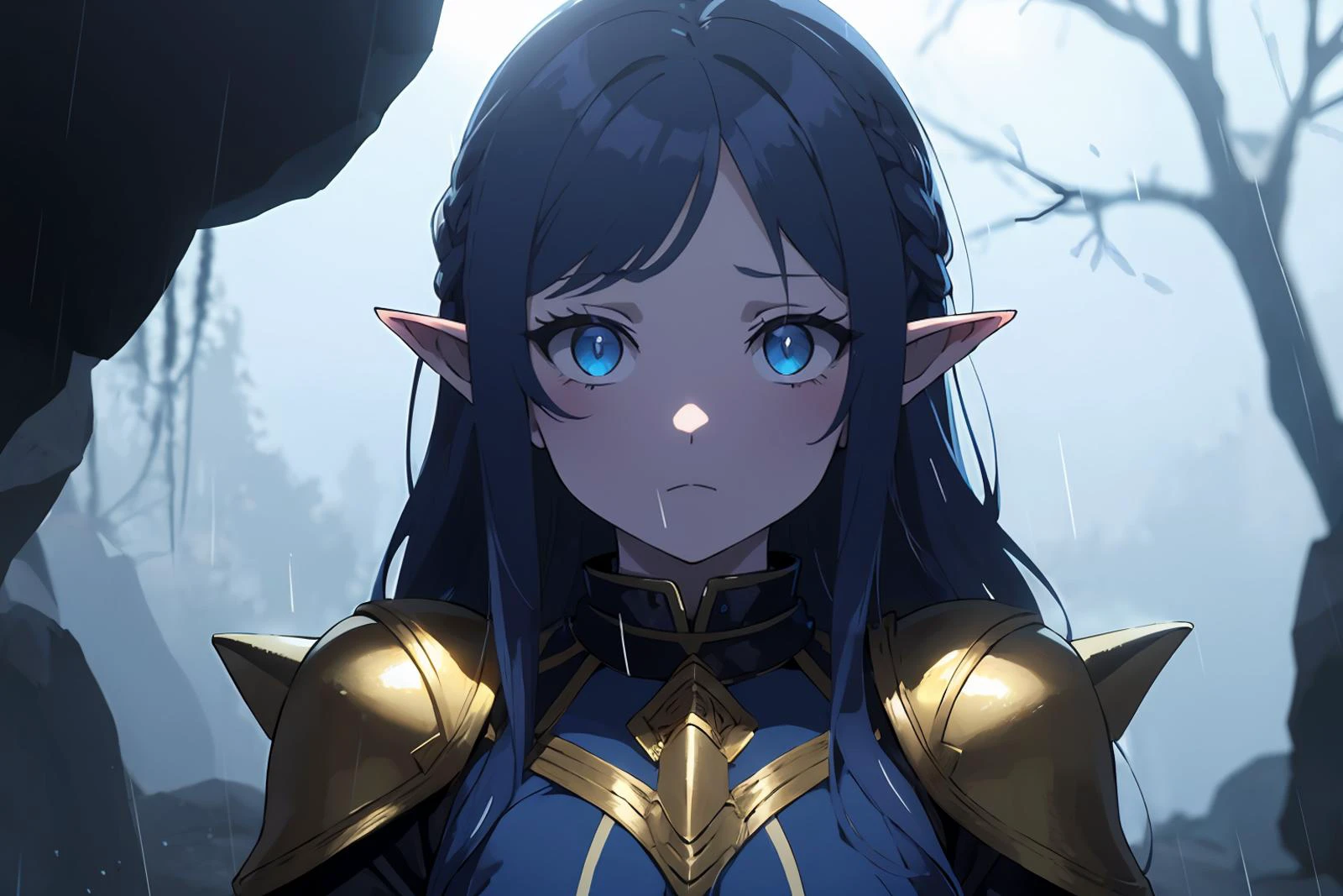 1girl, solo, long hair, bangs, blue eyes, braid, black hair, pointy ears, elf, upper body, black gold armor, armor, gold collar, dark atmosphere, rain, fog, pale skin, outdoors, scared, sad, cave, glowing eyes, blue glow, scared eyes, wide open eyes, shadow, low light,  <lora:Platinum_Anime_Hentai_CG_Helper_R1:0.8>