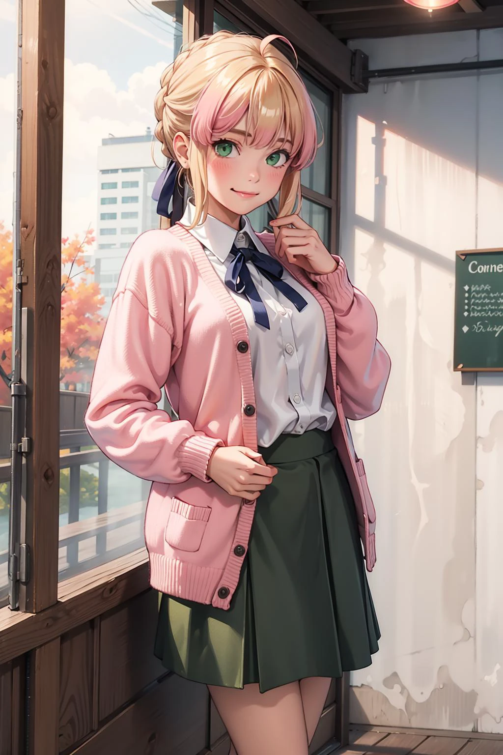 best quality, masterpiece, highres, solo,looking at viewer, ccsaber, green eyes,blonde hair, ahoge, light smile, blush,autumn, (Dusty rose cardigan:1.2), Olive green midi skirt, Taupe ankle boots, Cream oversized sweater, cowboy shot, <lora:artoria_pendragon_v2:.8>