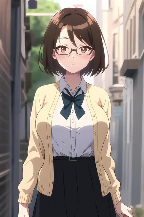 1girl, brown hair, large breasts, petite, hair between eyes, glasses, school uniform, short hair, semi-rimless eyewear, black skirt, sweat, cardigan, portrait, looking at viewer, <lora:Platinum Anime_Hentai_CG Helper R1:1>