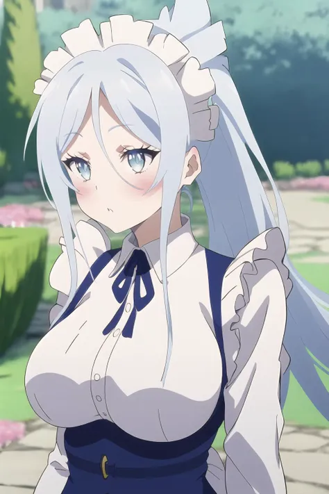 Sylpha, 1girl, solo, long hair, breasts, blush, blue eyes, large breasts, shirt, white shirt, upper body, maid headdress, <lora:Sylpha - Dainanaoji T2:0.8>