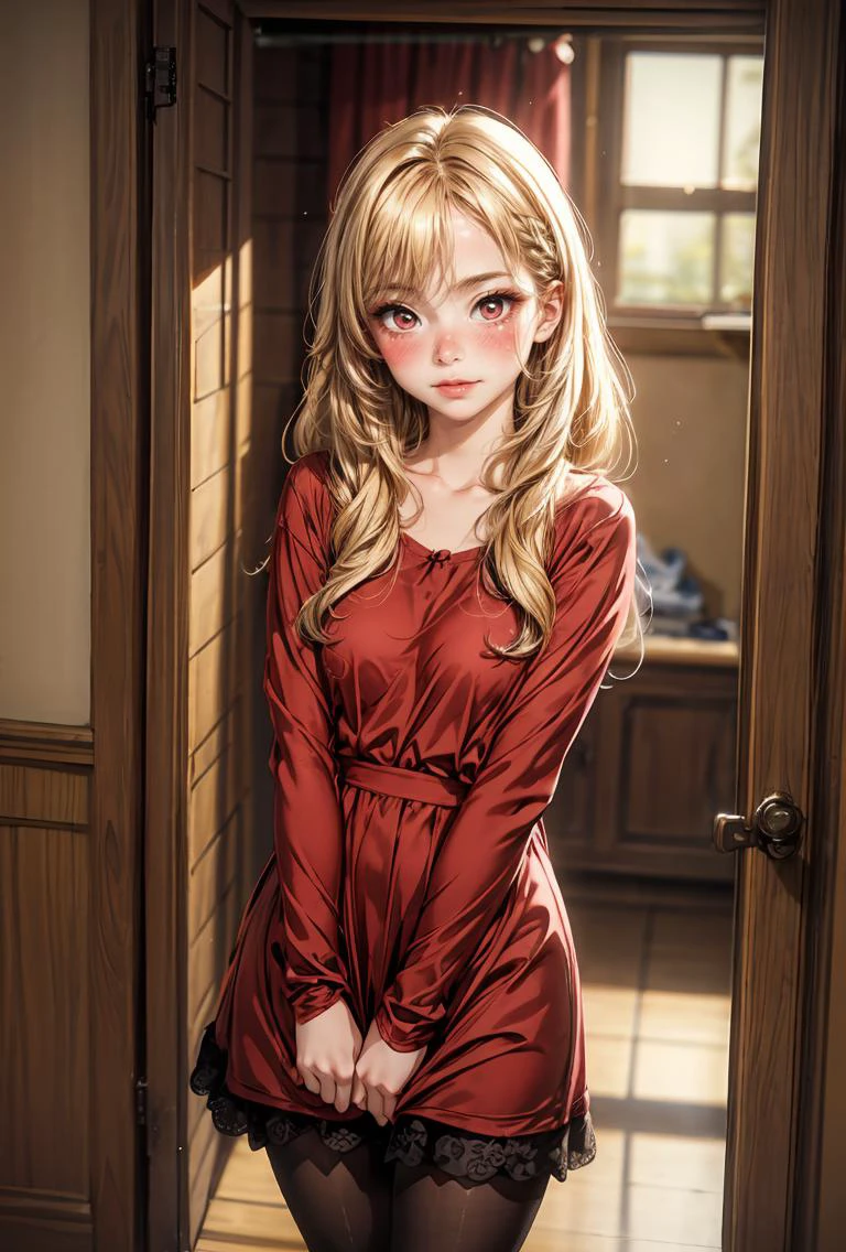 (masterpiece, best quality), 1girl, blonde hair, red dress, pantyhose, cute face, blush, <lora:add_detail:1>