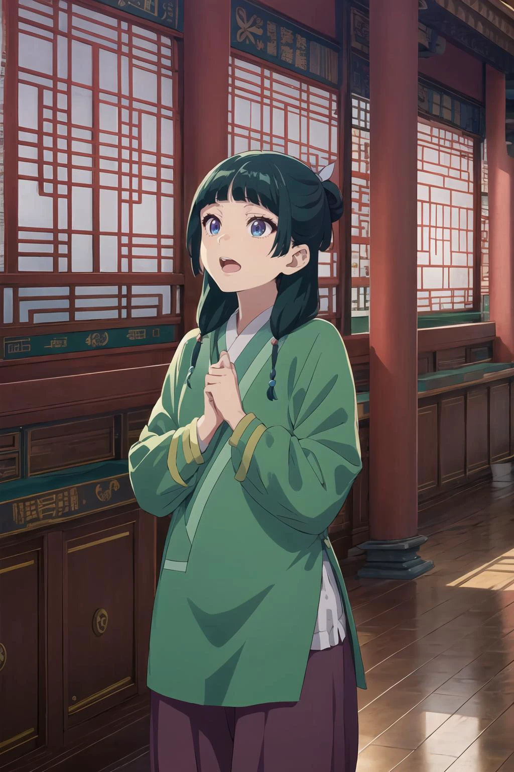 Maomao, yo, anime character in green shirt standing in a room with windows, 1girl, solo, long hair, smile, open mouth, bangs, blue eyes, long sleeves, ribbon, hair ribbon, green hair, indoors, blunt bangs, chinese clothes, architecture, lattice, <lora:The_Apothecary_Diaries_-_Maomao_Xiao_Mao:0.8>