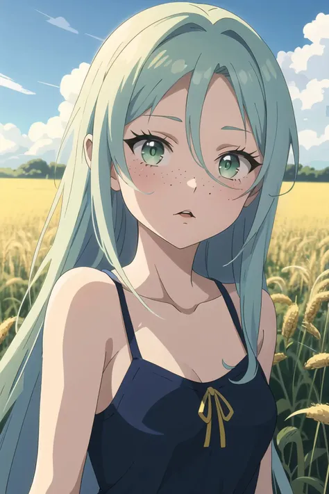 17yo, anime girl with green hair and green eyes looking at camera, 1girl, solo, long hair, green hair, collarbone, lips, freckles, Wheat field, blue sky, <lora:Platinum_Anime_Hentai_CG_Helper_R2.3:1>