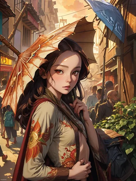 art by Karol Bak and (James Jean:1.0) , crowded city street, Mean Rwandan (Woman:1.2) , Umbrella, Walnut background, at Sunrise, Hopeless, Organic, soft lighting, tiny, small breast