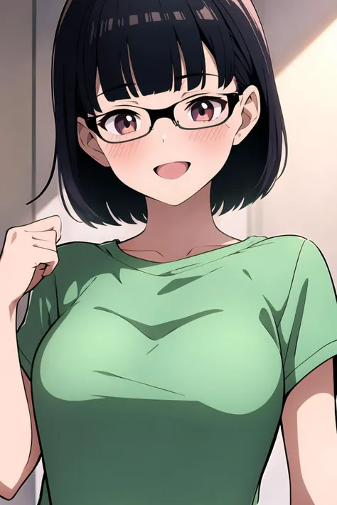 1girl, solo, glasses, blush, open mouth, smile, black hair, short hair, semi-rimless eyewear, blunt bangs, bangs