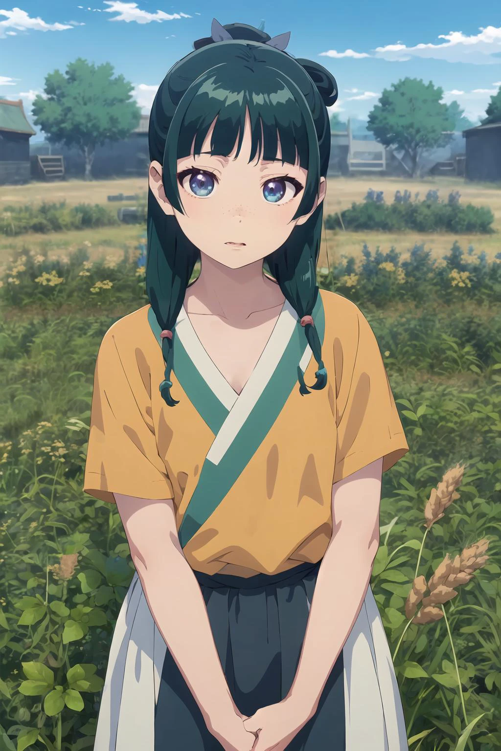 Maomao, yo, anime girl with green hair and green eyes looking at camera, 1girl, solo, long hair, green hair, collarbone, lips, freckles, Wheat field, blue sky. <lora:The_Apothecary_Diaries_-_Maomao_Xiao_Mao:0.8>