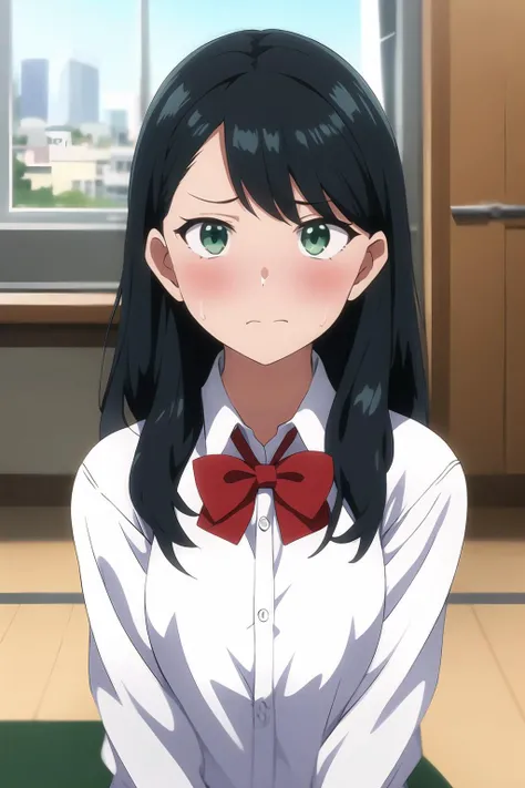 1girl, solo, embarrassed, shirt, black hair, bow, green eyes, bowtie, sweatdrop, indoors, school, <lora:PlatinumNoir T-Rex Studio Hentai:0.8>
