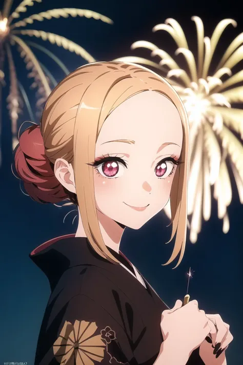 (masterpiece, best quality, very aesthetic, ultra detailed, source anime, anime, intricate details), <lora:Sono Bisque Doll wa Koi wo Suru - Marin Kitagawa SD 1.5 R6:0.9>,1girl, japanese clothes, kimono, blonde hair, black kimono, fireworks, smile, solo, looking at viewer, red eyes, kitagawa marin