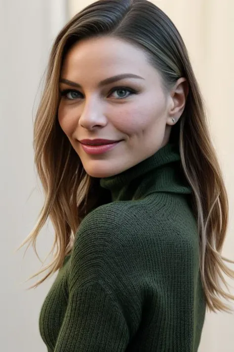 HD photo of beautiful mshn_laurengerman in a green woolen turtleneck, closeup