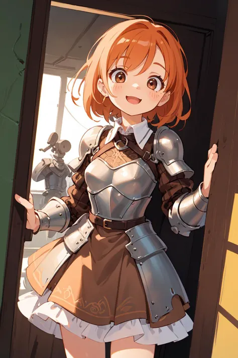 best quality, amazing intricate, cute girl, round eyes, happy, smile, medium breast,
orange hair, medium hair, , ,
from front, cowboy shot, adjusting her collar,
brown dress, armored dress, checkered dress,
on a film set