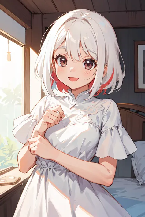 best quality, amazing intricate, cute girl, round eyes, happy, smile, medium breast,
white hair, medium hair, , ,
from front, upper body, sunbathing,
multicolored dress, half-dress, ,
in a bedroom