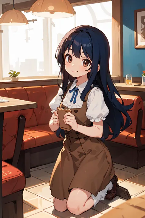 best quality, amazing intricate, cute girl, round eyes, smile, medium breast,
dark blue hair, long hair, , ,
Isometric, cowboy shot, on one knee,
brown dress, dirndl, ,
in a restaurant