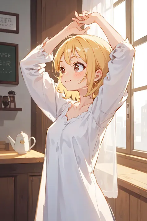 best quality, amazing intricate, cute girl, round eyes, smile, medium breast,
blonde hair, medium hair, , ,
From Side, upper body, arms up,
white dress, nightgown, ,
in a cafe