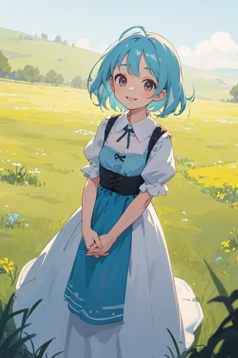 best quality, amazing intricate, cute girl, round eyes, smile, medium breast,
light blue hair, medium hair, , ,
Full Length, portrait, hands above her head,
two-tone dress, dirndl, ,
in a meadow