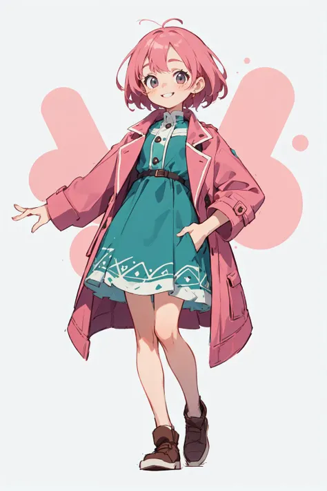 best quality, amazing intricate, cute girl, round eyes, happy, smile, medium breast,
pink hair, medium hair, , ,
from front, portrait, standing with hands in her pockets,
aqua dress, coat dress, ,
in the distant past