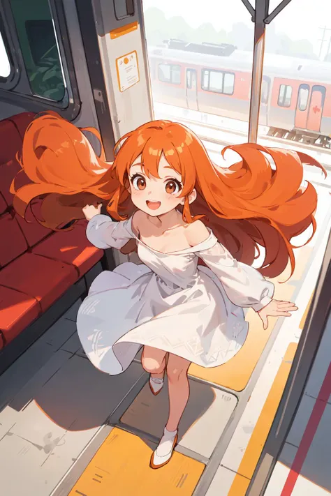 best quality, amazing intricate, cute girl, round eyes, happy, smile, medium breast,
orange hair, long hair, , ,
from front, above the knee, getting undressed,
white dress, trapeze dress, ,
at a train station