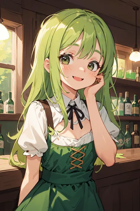 best quality, amazing intricate, cute girl, round eyes, happy, smile, medium breast,
light green hair, long hair, , ,
from front, upper body, resting head on hands,
green dress, dirndl, ,
in a bar