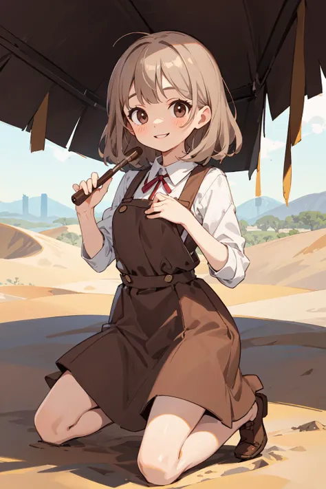 best quality, amazing intricate, cute girl, round eyes, smile, medium breast,
grey hair, medium hair, , brushing hair,
Panorama, cowboy shot, kneeling,
brown dress, pinafore dress, ,
in the desert