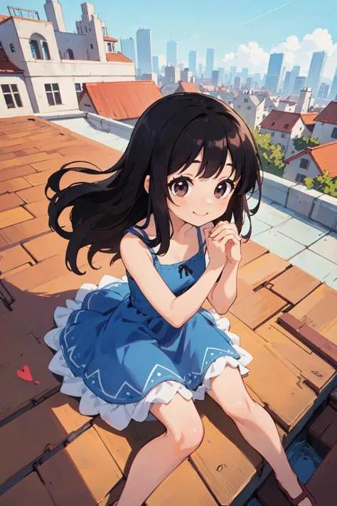 best quality, amazing intricate, cute girl, round eyes, happy, smile, medium breast,
black hair, long hair, , heartbreak haircut,
from front, above the knee, resting head on hands,
blue dress, sundress, ,
on a rooftop garden