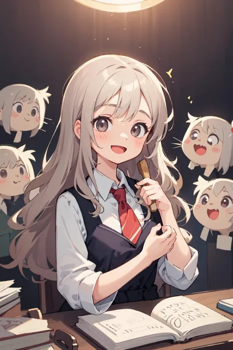 best quality, amazing intricate, cute girl, round eyes, happy, :d, medium breast,
grey hair, long hair, , brushing hair,
from front, upper body, reading a book,
multicolored dress, collared dress, ,
in a dream