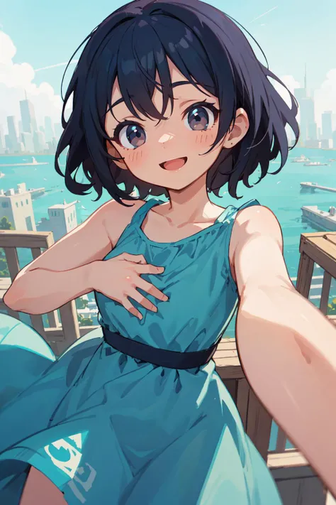 best quality, amazing intricate, cute girl, round eyes, happy, smile, medium breast,
dark blue hair, medium hair, , ,
from front, portrait, one arm behind her head,
aqua dress, sundress, flag dress,
in a sprawling city