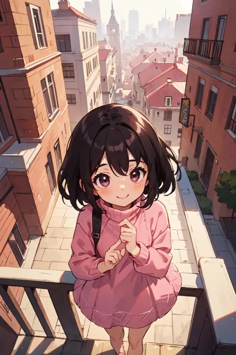 best quality, amazing intricate, cute girl, round eyes, smile, medium breast,
black hair, medium hair, , ,
Aerial View, portrait, shushing,
pink dress, sweater dress, ,
on a balcony