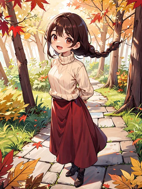 high quality, detailed, girl, dark blown hair, twin braid, (round eyes:1.3), dark brown eyes, looking at viewer, happy, :d,
from front, standing, above ankle, small breasts, (sweater:1.4), long sleeves, (long skirt:1.5), dark red skirt, black legwear, leather ankle boots,
(arms behind back:1.1), autumn, forest, path