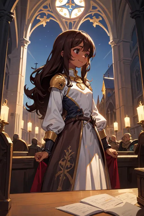 1 girl, (Medieval European Fantasy:1.2), best quality, amazing intricate, (looking away:1.2), (Various hairstyles:1.3), smile,
(Knight:1.4),
Dark skin, medium breasts,
long hair, brown hair,
(Inside the Cathedral:1.1),
standing, from front, , night, <lora:flat2:-0.4>